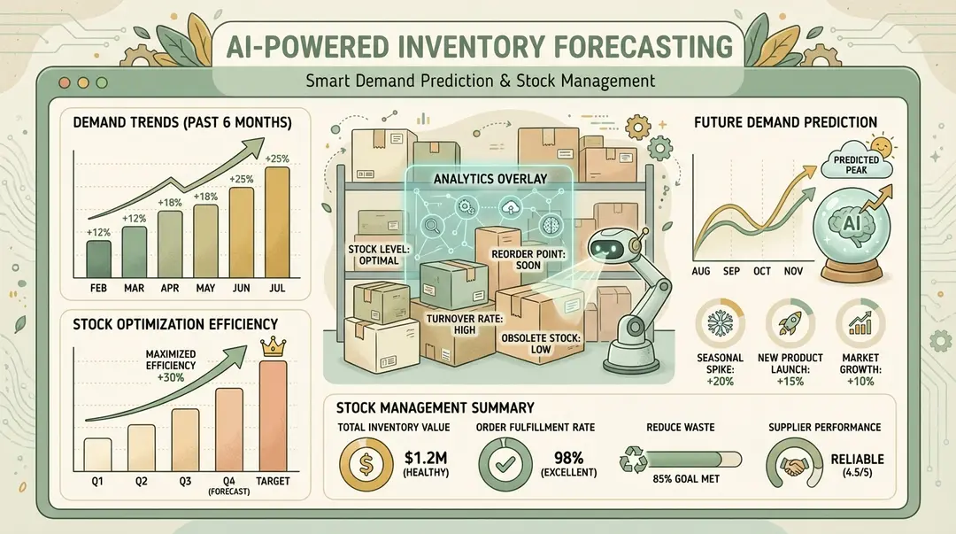 AI inventory forecasting dashboard showing demand prediction charts and stock management