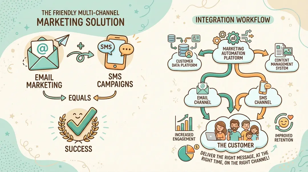 Multi-channel marketing workflow showing email and SMS working together with automation to reach customers across channels
