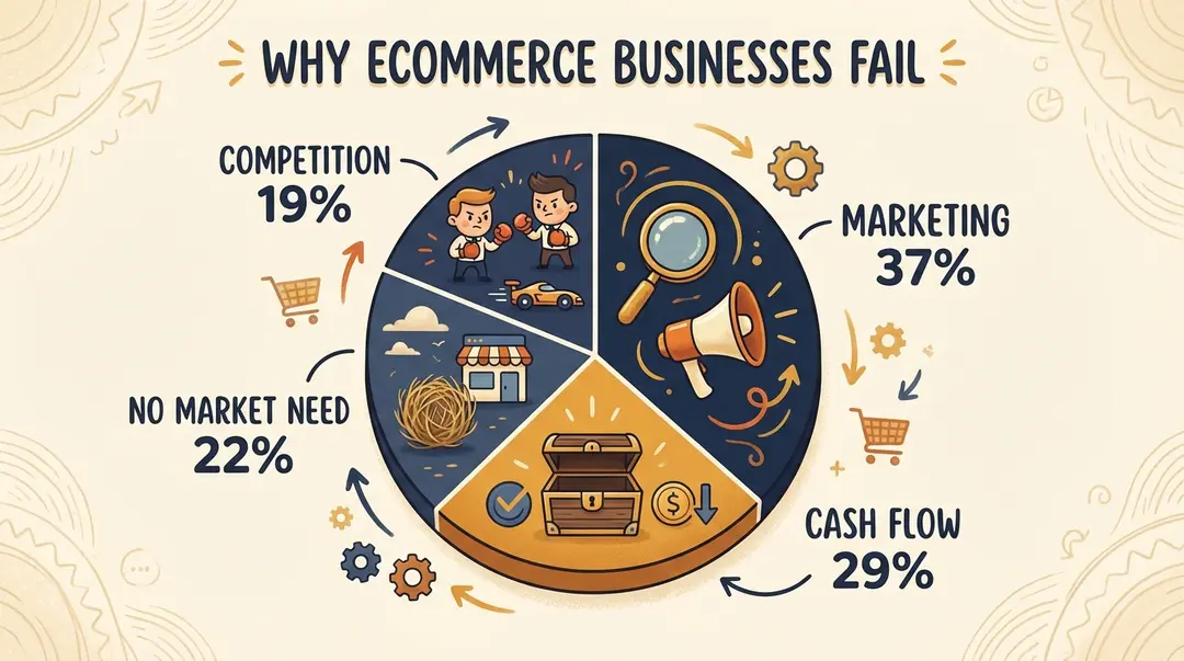 Pie chart breakdown showing top reasons e-commerce businesses fail: inadequate marketing 37%, cash flow 29%, no market need 22%, competition 19%